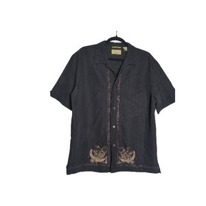 Cubavera Mens Med Black Guayabera Style Shirt with Brown Embroidery Island Wear